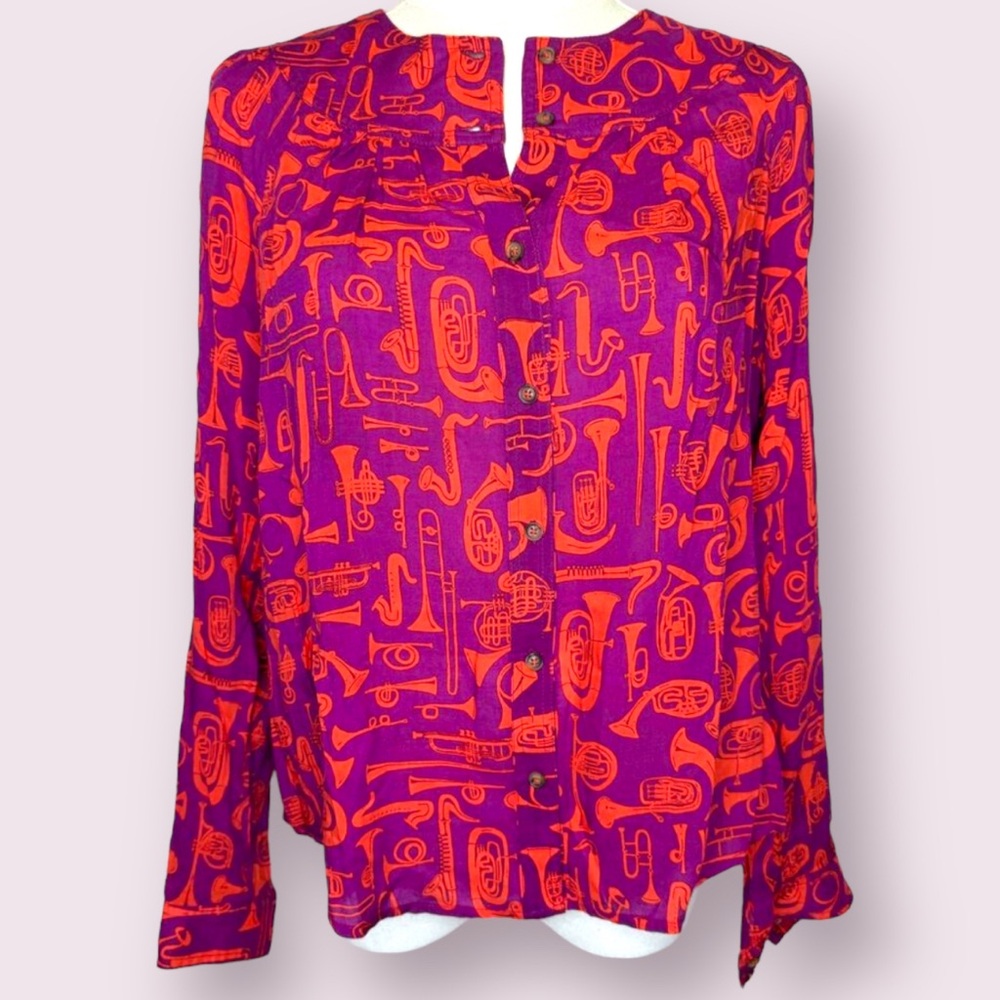 52 Conversations Anthropologie Blouse Women 0 Trumpets Funky Musical Maximalist